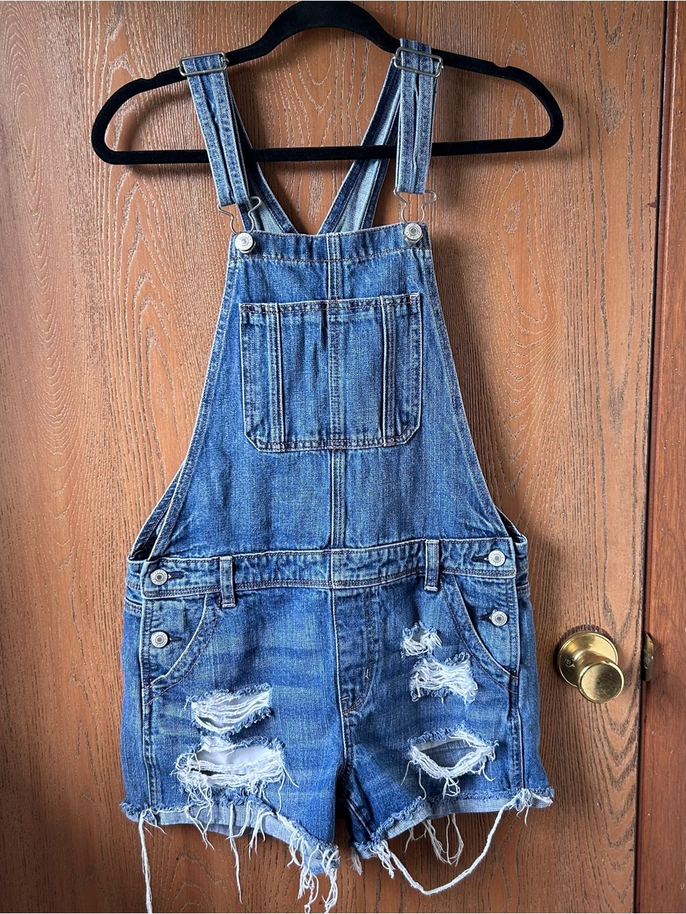 American Eagle Women’s Distressed Tomgirl Shortall Denim Overall Size Small